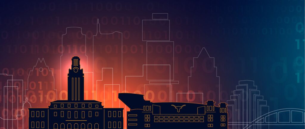 Illustration of the UT Tower and UT football stadium and Austin, TX skyline.