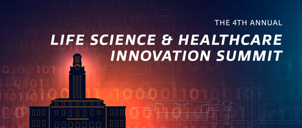 An illustration of the UT Tower with white text that reads: "The 4th Annual Life Science & Healthcare Innovation Summit"